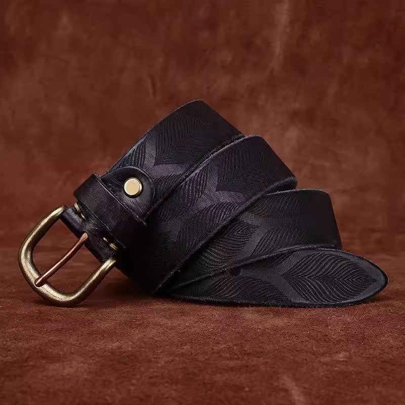 Distressed Men's Leather Belt - Washed Full Grain Cowhide with Embossed Design & Brass Pin Buckle, Vintage Chic Accessory