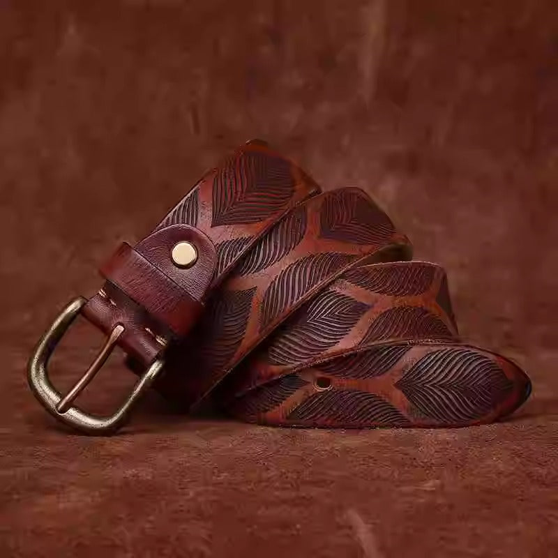 Distressed Men's Leather Belt - Washed Full Grain Cowhide with Embossed Design & Brass Pin Buckle, Vintage Chic Accessory