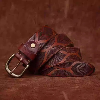 Distressed Men's Leather Belt - Washed Full Grain Cowhide with Embossed Design & Brass Pin Buckle, Vintage Chic Accessory