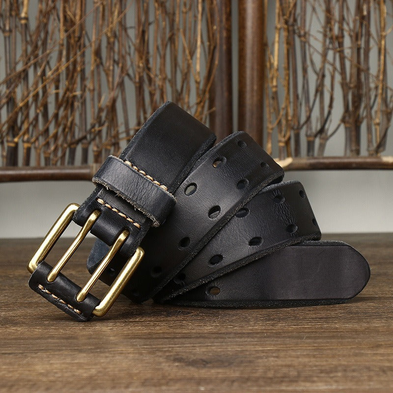 New Arrival: Vintage Trendy Unique Dual Pin Buckle Men's Leather Belt - 100% Full Grain Vegetable Tanned Washed Leather Youth Casual