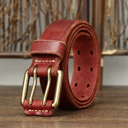 New Arrival: Vintage Trendy Unique Dual Pin Buckle Men's Leather Belt - 100% Full Grain Vegetable Tanned Washed Leather Youth Casual