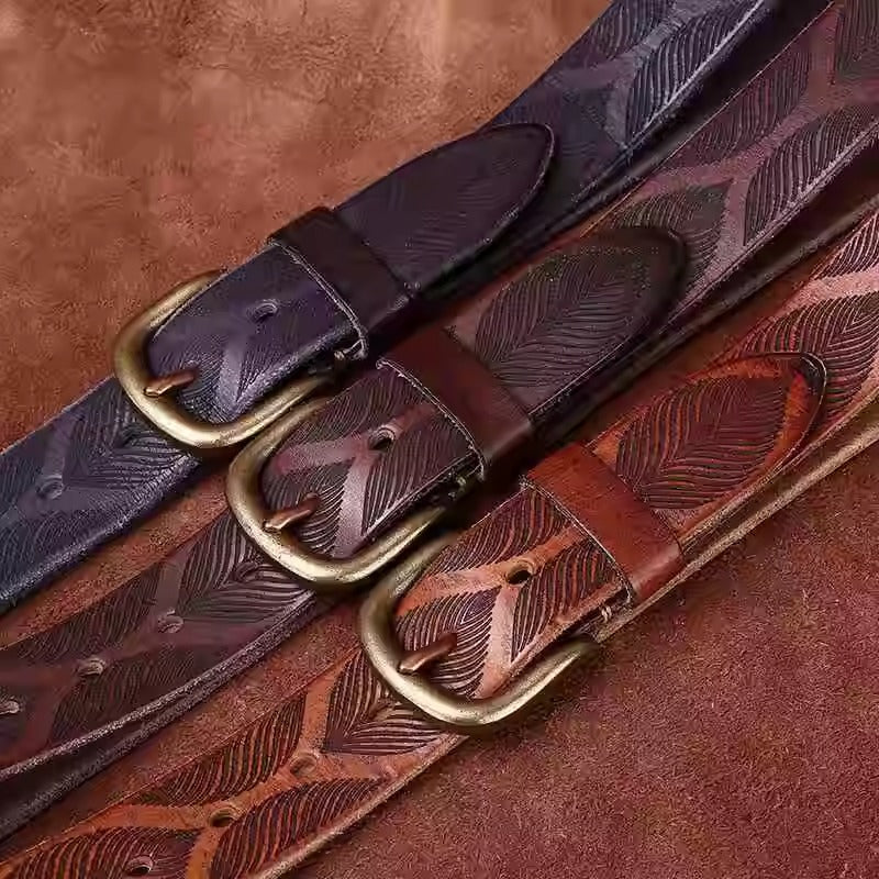 Distressed Men's Leather Belt - Washed Full Grain Cowhide with Embossed Design & Brass Pin Buckle, Vintage Chic Accessory