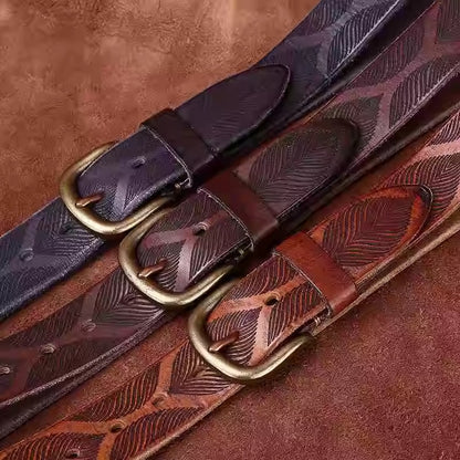 Distressed Men's Leather Belt - Washed Full Grain Cowhide with Embossed Design & Brass Pin Buckle, Vintage Chic Accessory