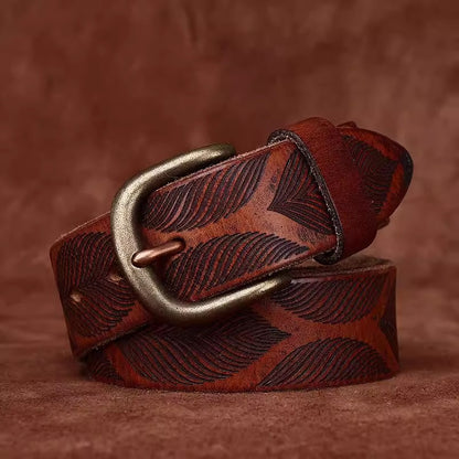 Distressed Men's Leather Belt - Washed Full Grain Cowhide with Embossed Design & Brass Pin Buckle, Vintage Chic Accessory