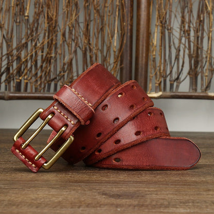 New Arrival: Vintage Trendy Unique Dual Pin Buckle Men's Leather Belt - 100% Full Grain Vegetable Tanned Washed Leather Youth Casual