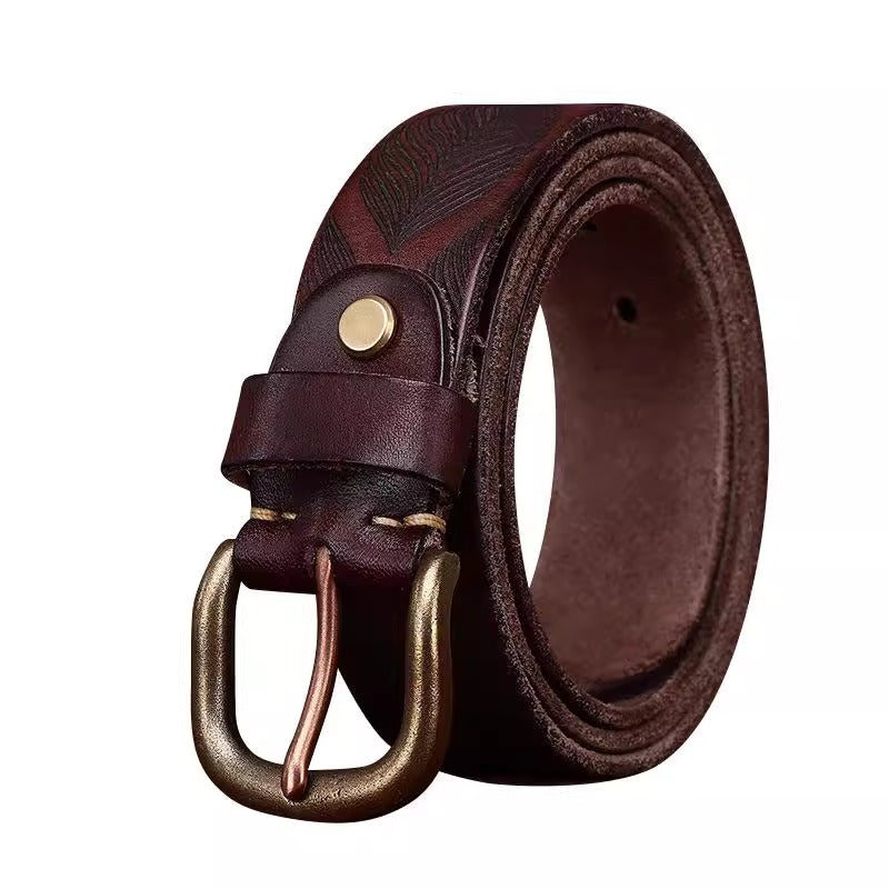 Distressed Men's Leather Belt - Washed Full Grain Cowhide with Embossed Design & Brass Pin Buckle, Vintage Chic Accessory