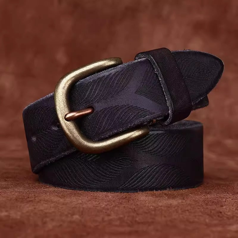 Distressed Men's Leather Belt - Washed Full Grain Cowhide with Embossed Design & Brass Pin Buckle, Vintage Chic Accessory