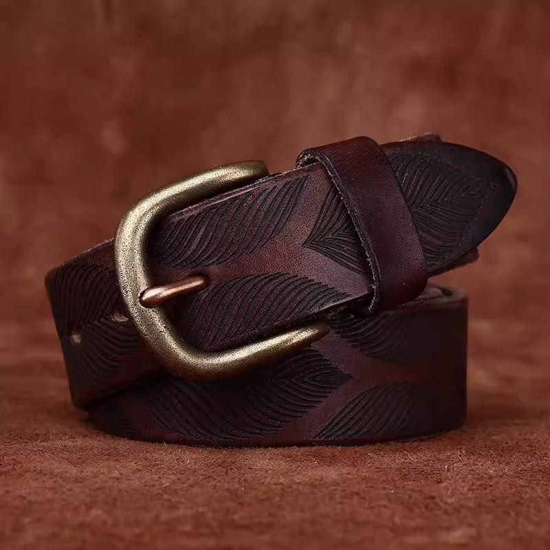 Distressed Men's Leather Belt - Washed Full Grain Cowhide with Embossed Design & Brass Pin Buckle, Vintage Chic Accessory