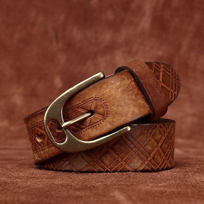 Handmade Thickened Diamond Pattern Leather Belt for Men - Vintage Full Grain Cowhide Western Casual