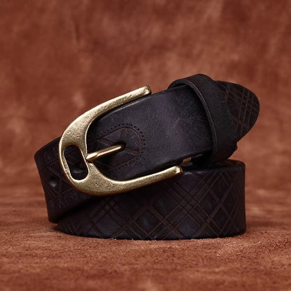 Handmade Thickened Diamond Pattern Leather Belt for Men - Vintage Full Grain Cowhide Western Casual