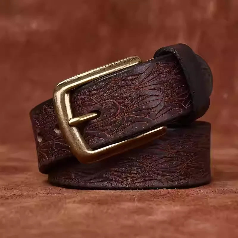 Men's Thickened Full Grain Cowhide Handcrafted Floral Design Vintage Casual Leather Belt for Jeans & Denim Outfits