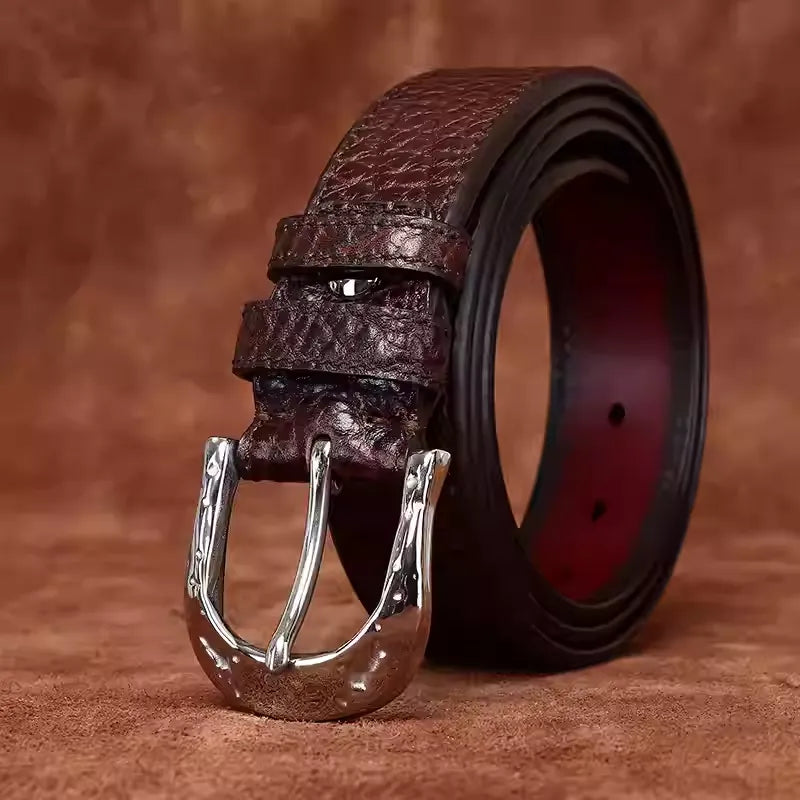 Handcrafted Double Sided Full Grain Cowhide African Bison Embossed Leather Belt for Men - Vintage Western Pin Buckle