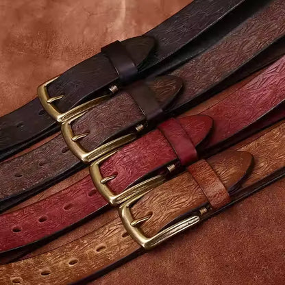 Men's Thickened Full Grain Cowhide Handcrafted Floral Design Vintage Casual Leather Belt for Jeans & Denim Outfits