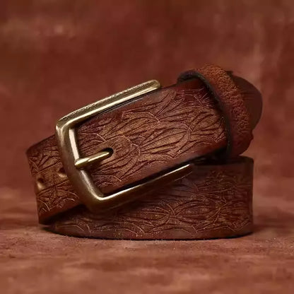 Men's Thickened Full Grain Cowhide Handcrafted Floral Design Vintage Casual Leather Belt for Jeans & Denim Outfits